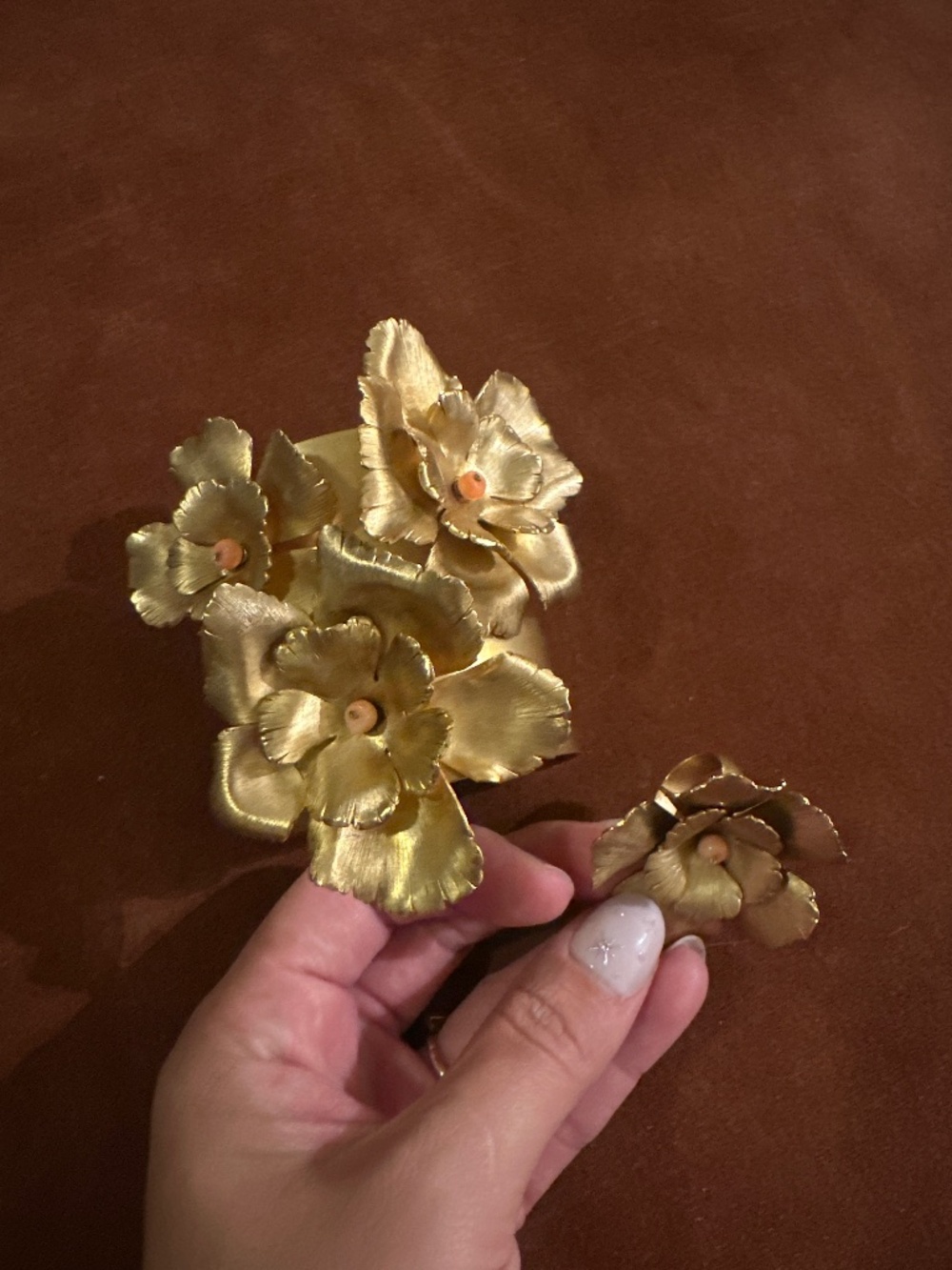 Citrine brass flower cuff bracelet and ring